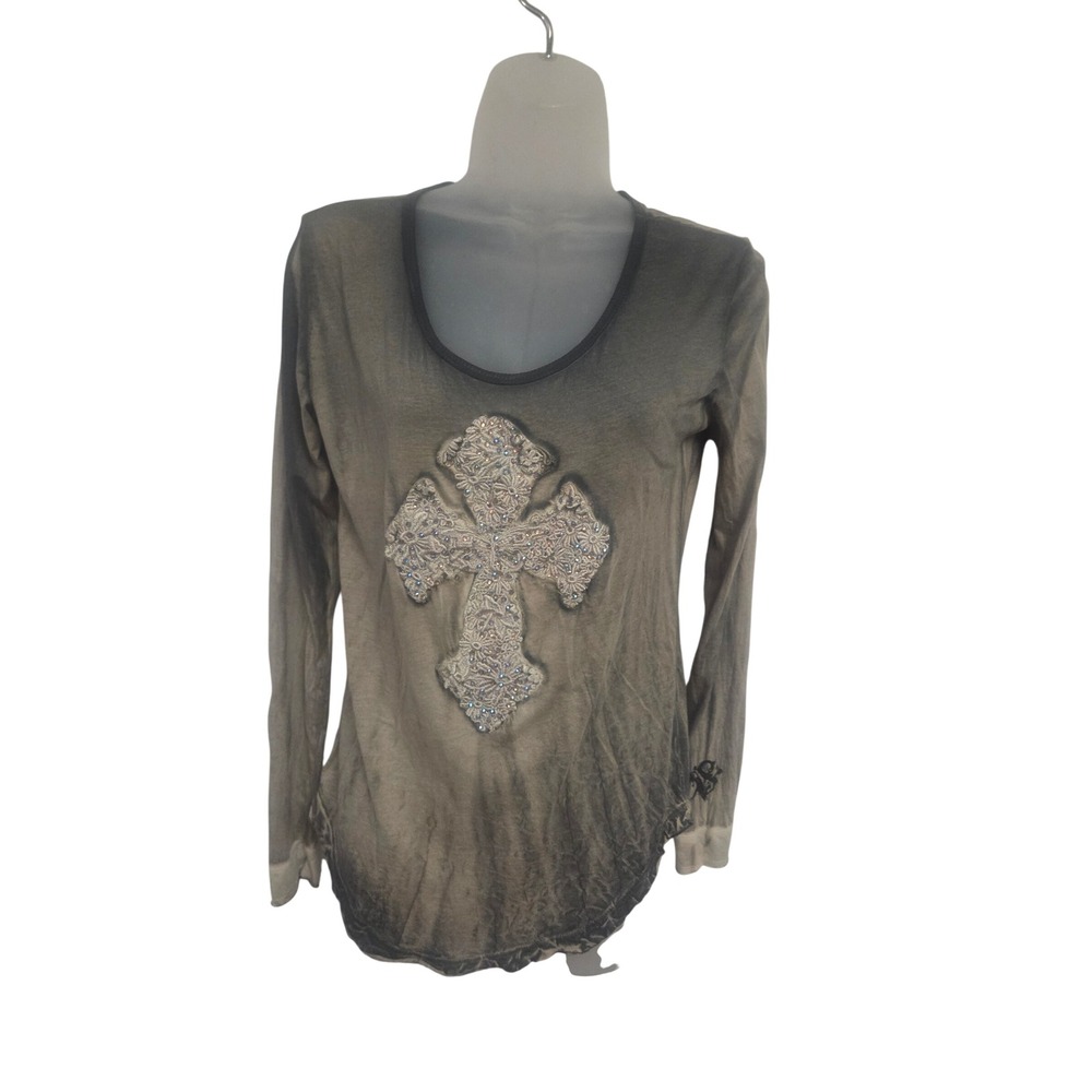 Velvet Stone Womens Grey Acid Wash Rhinestone Lace Cross Y2K Top Size M